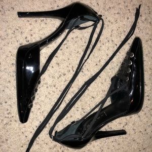 Casadei black patent leather lace up ankle tie